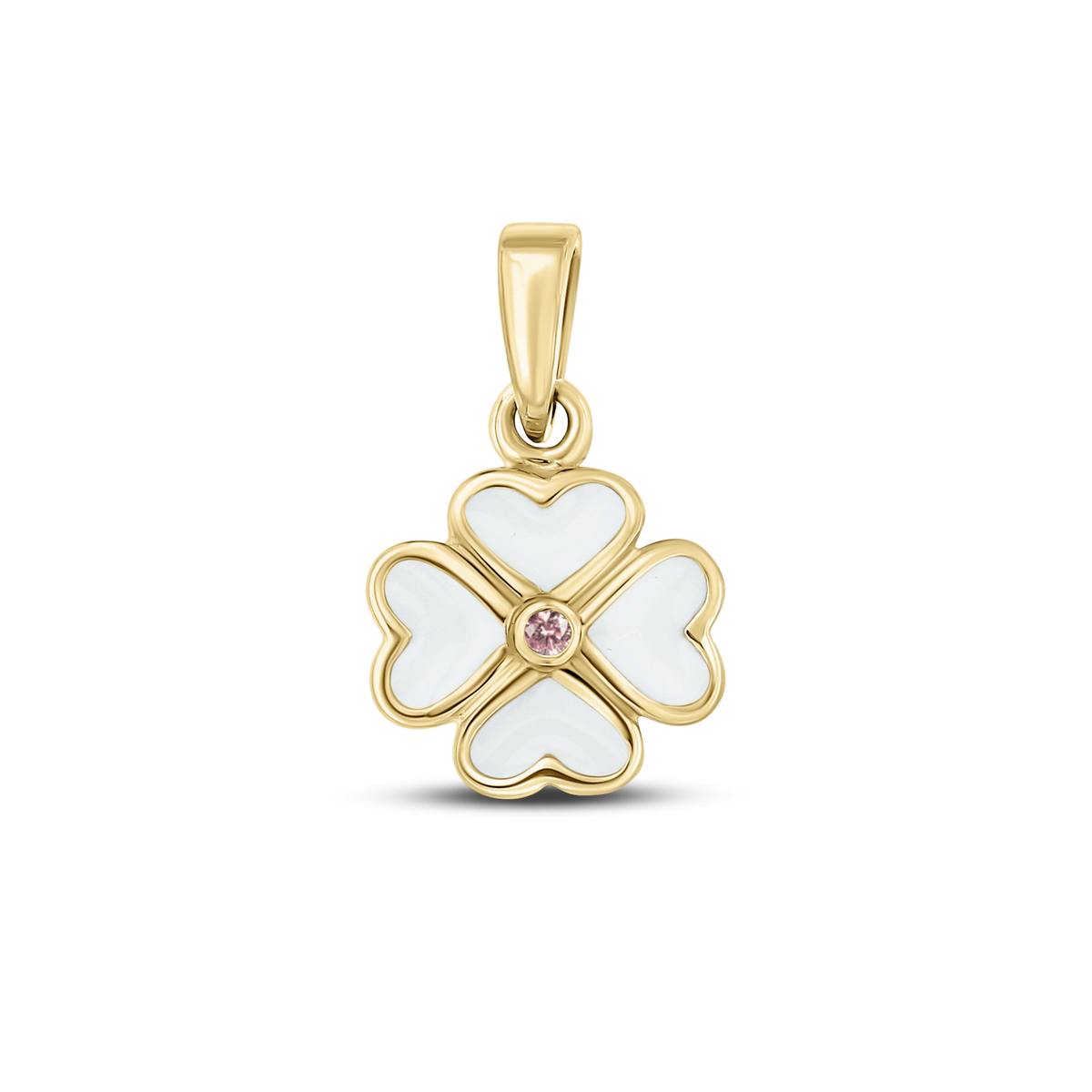 Lucy breast milk clover pendant of four hearts in yellow gold with a morganite October birthstone in the center