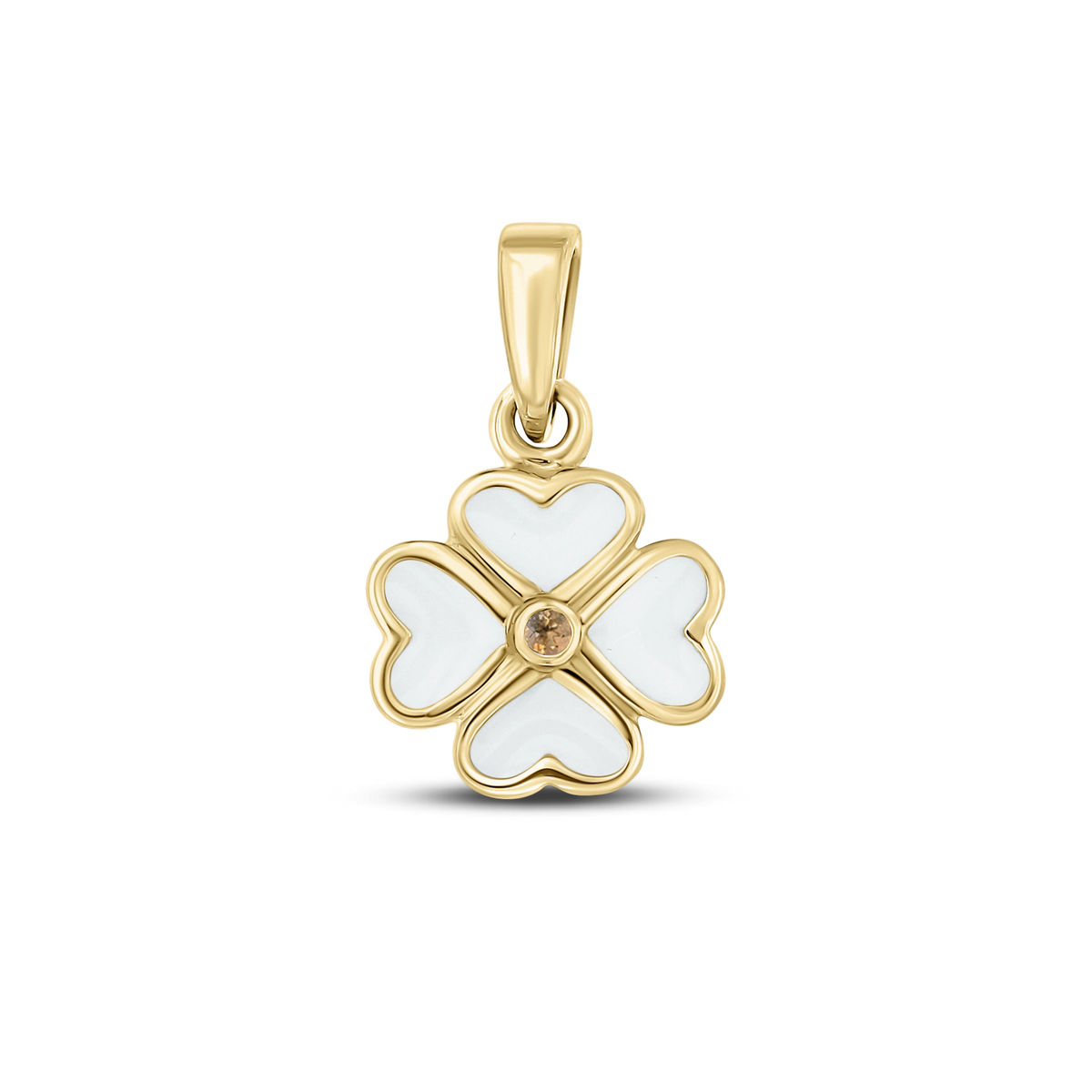 Lucy breast milk clover pendant of four hearts in yellow gold with a citrine November birthstone in the center
