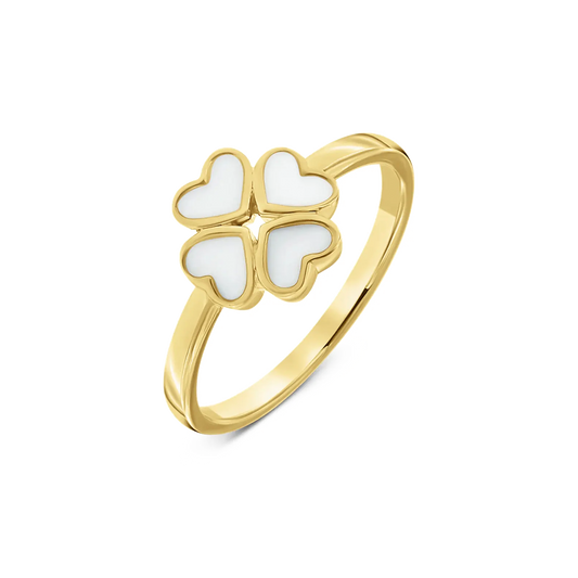 Lucy breast milk ring in yellow gold with four heart-shaped stones forming a four-leaf clover