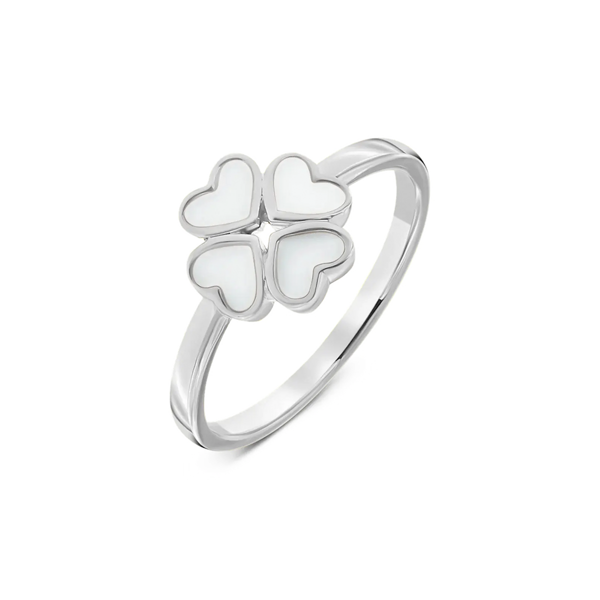 Lucy breast milk ring in white gold with four heart-shaped stones forming a four-leaf clover