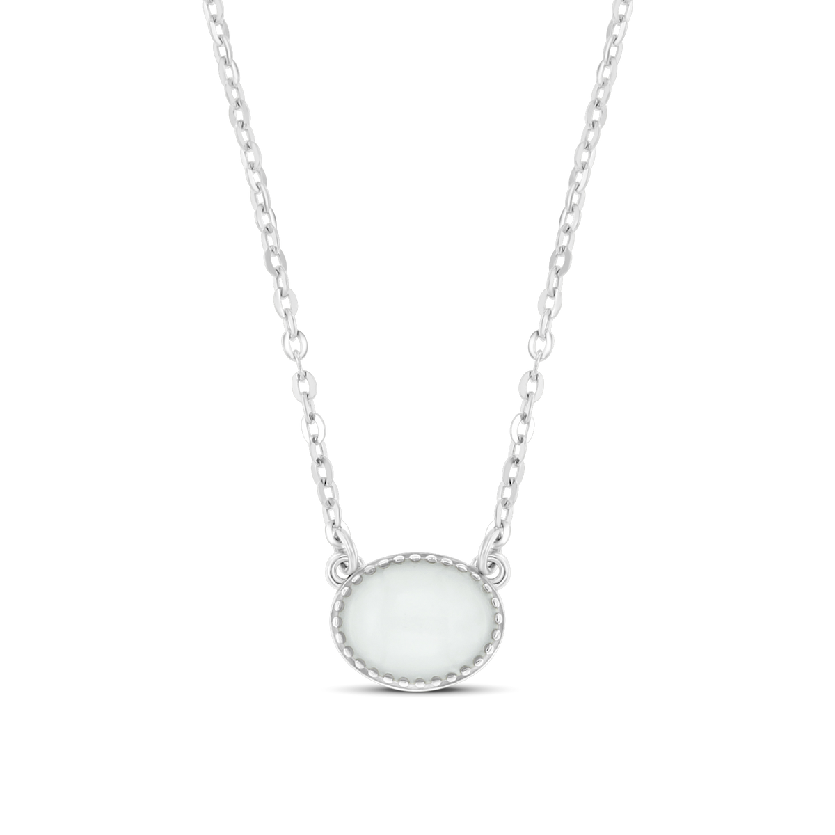 Luna silver necklace with a horizontal oval breast milk stone in a beaded silver rim