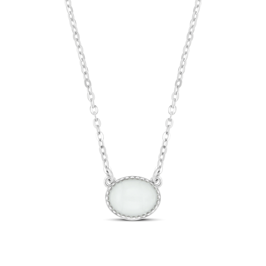 Luna silver necklace with a horizontal oval breast milk stone in a beaded silver rim