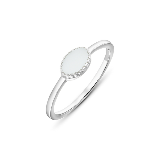 Luna breast milk ring in silver with a horizontal oval stone in a beaded rim