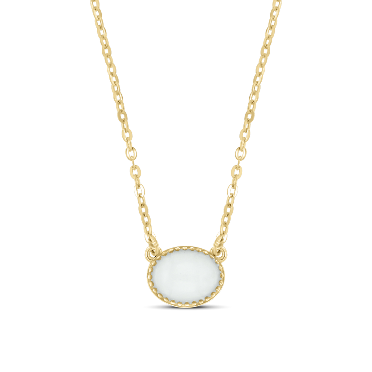 Luna yellow gold necklace with a sideways oval breast milk stone in a beaded rim