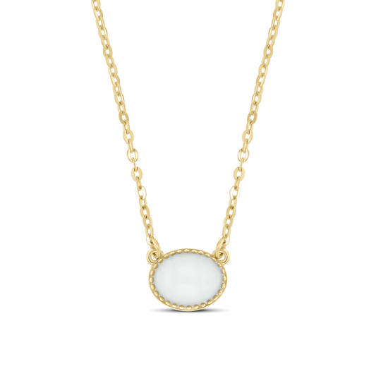 Luna yellow gold necklace with a sideways oval breast milk stone in a beaded rim