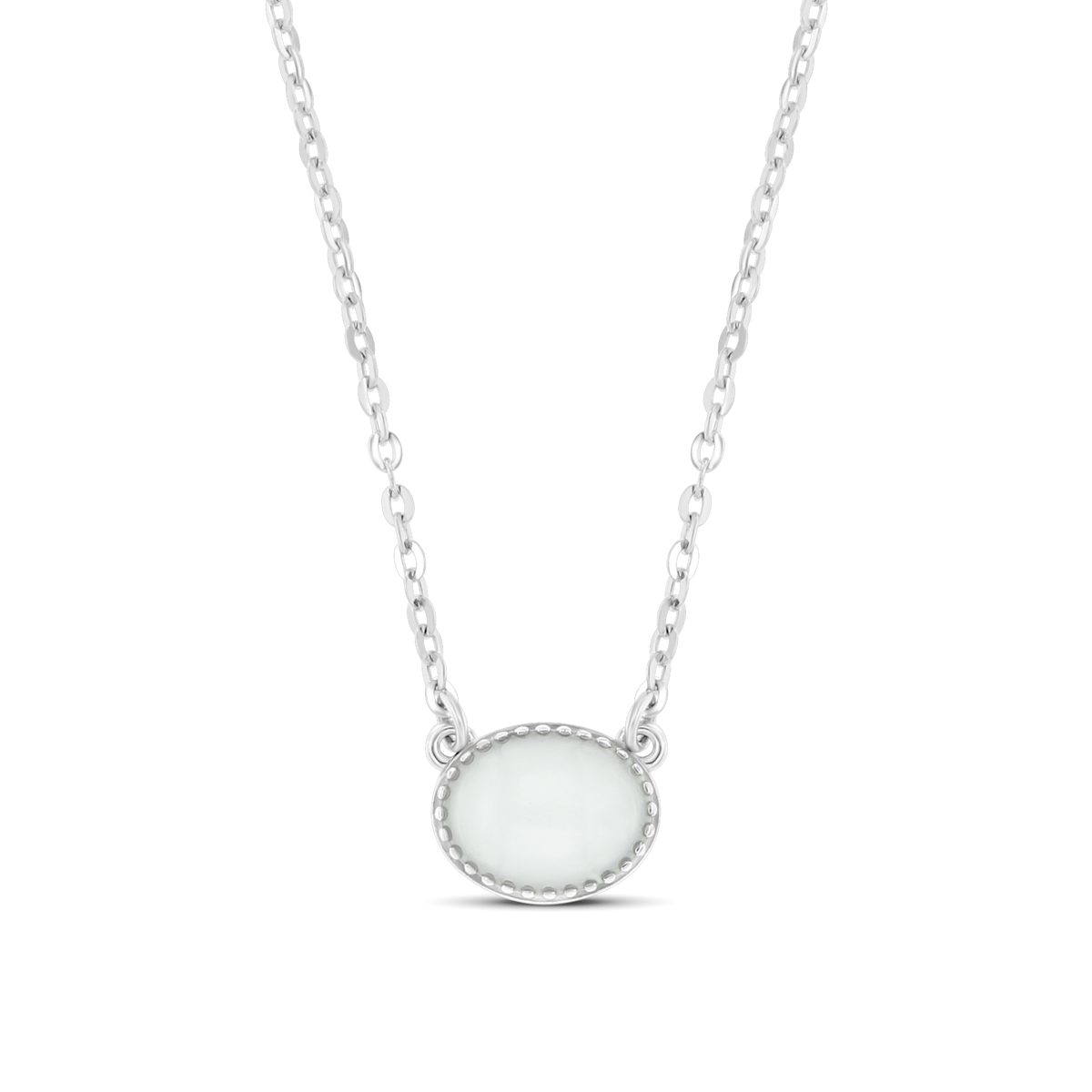 Luna white gold necklace, horizontal oval breast milk stone framed by tiny beads