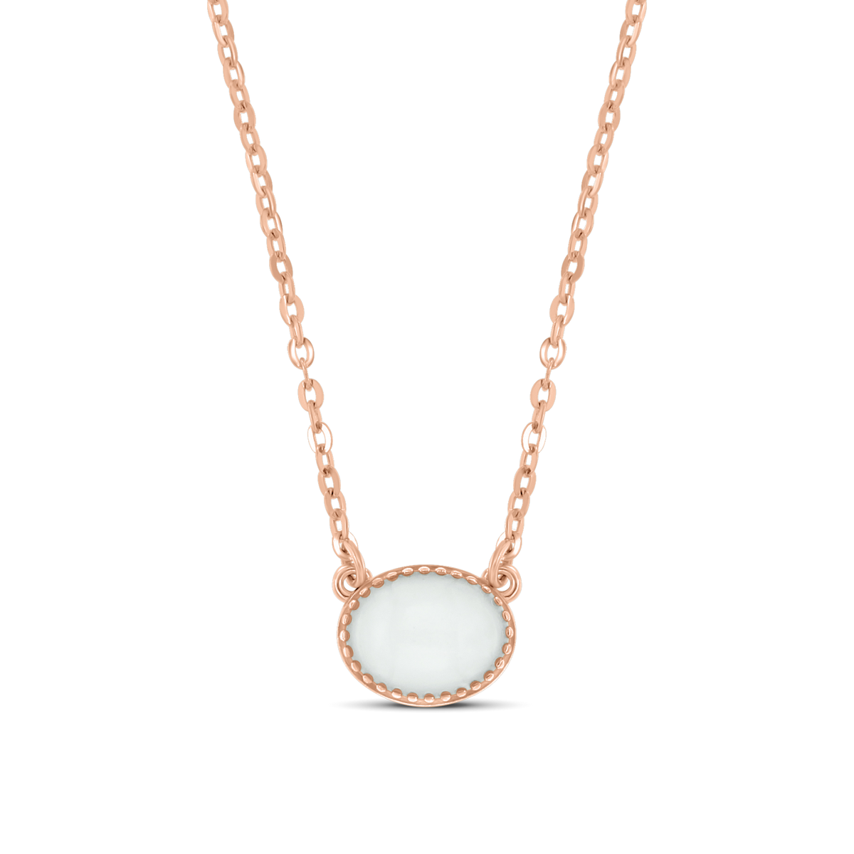 Luna rose gold necklace with an oval breast milk stone in a beaded bezel fixed on both sides