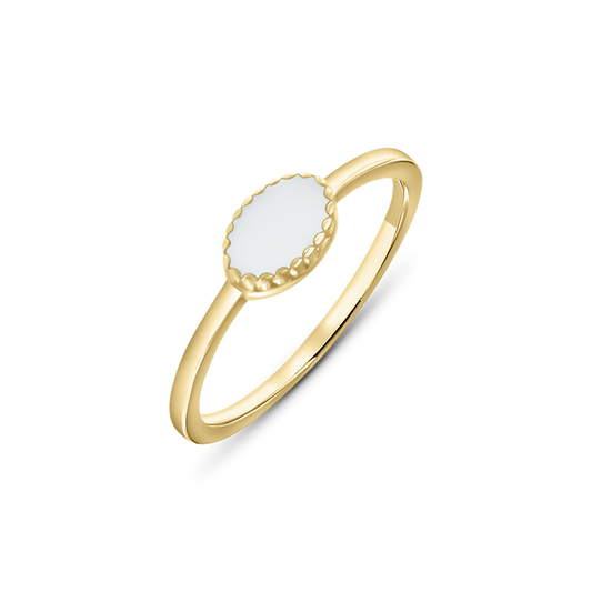 Luna breast milk ring in yellow gold with a horizontal oval stone in a beaded rim
