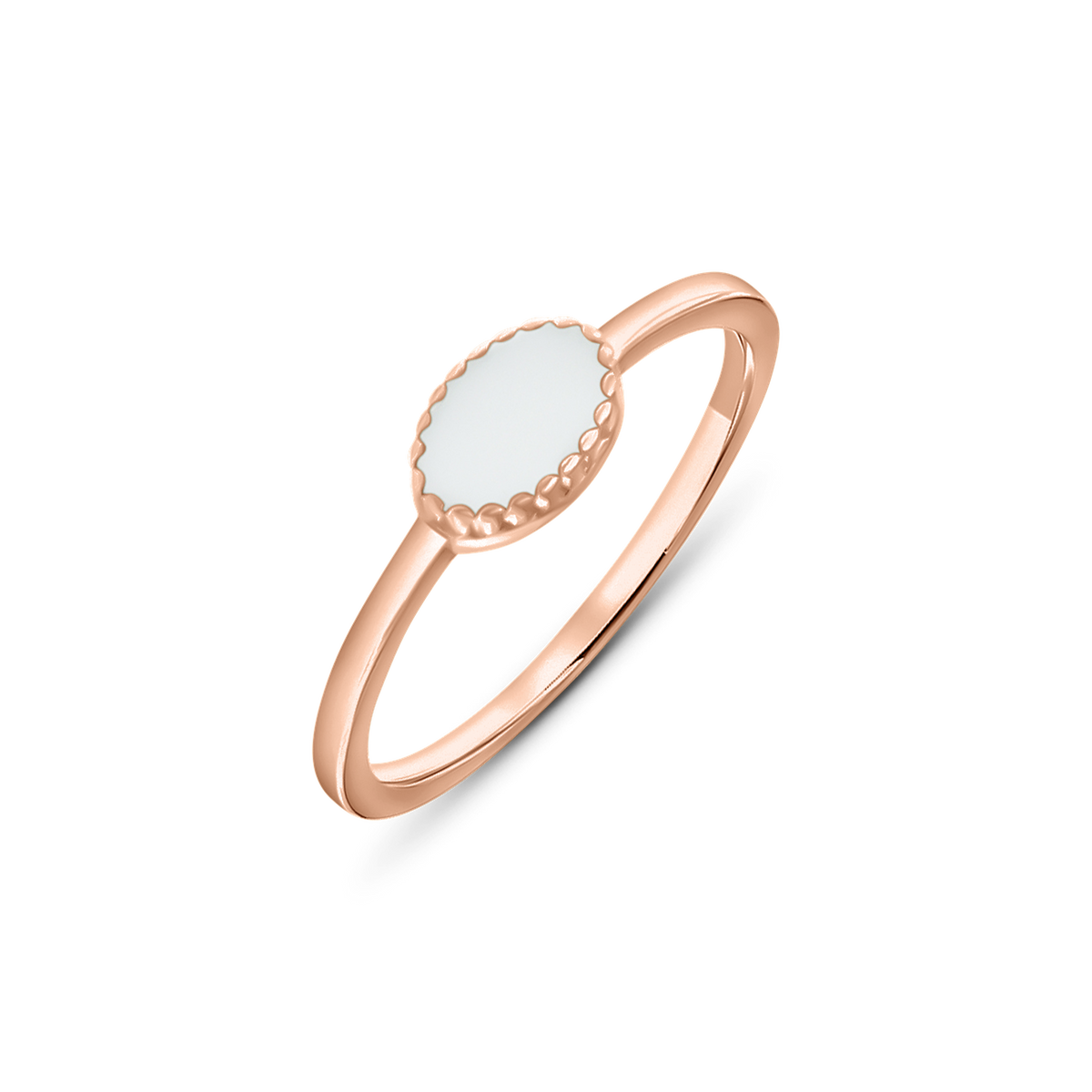 Luna breast milk ring in rose gold with a horizontal oval stone in a beaded rim