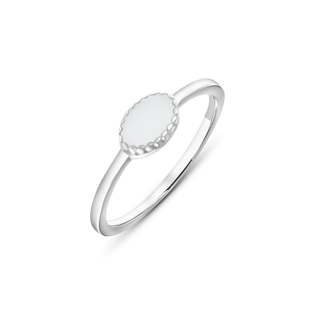 Luna breast milk ring in white gold with a horizontal oval stone in a beaded rim