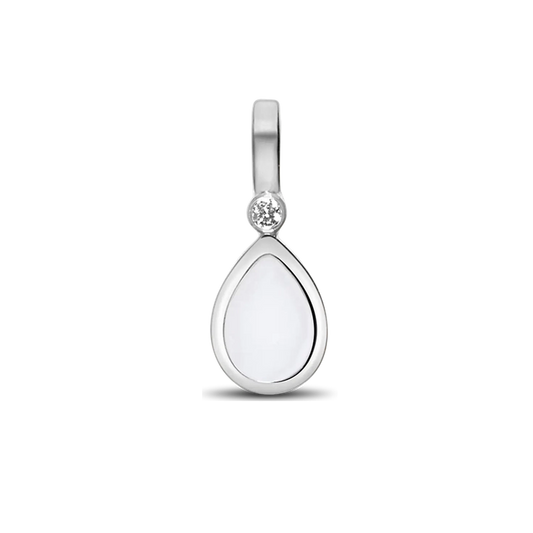 Silver Magic Drop pendant with a teardrop breast milk stone and a clear cubic zirconia above it
