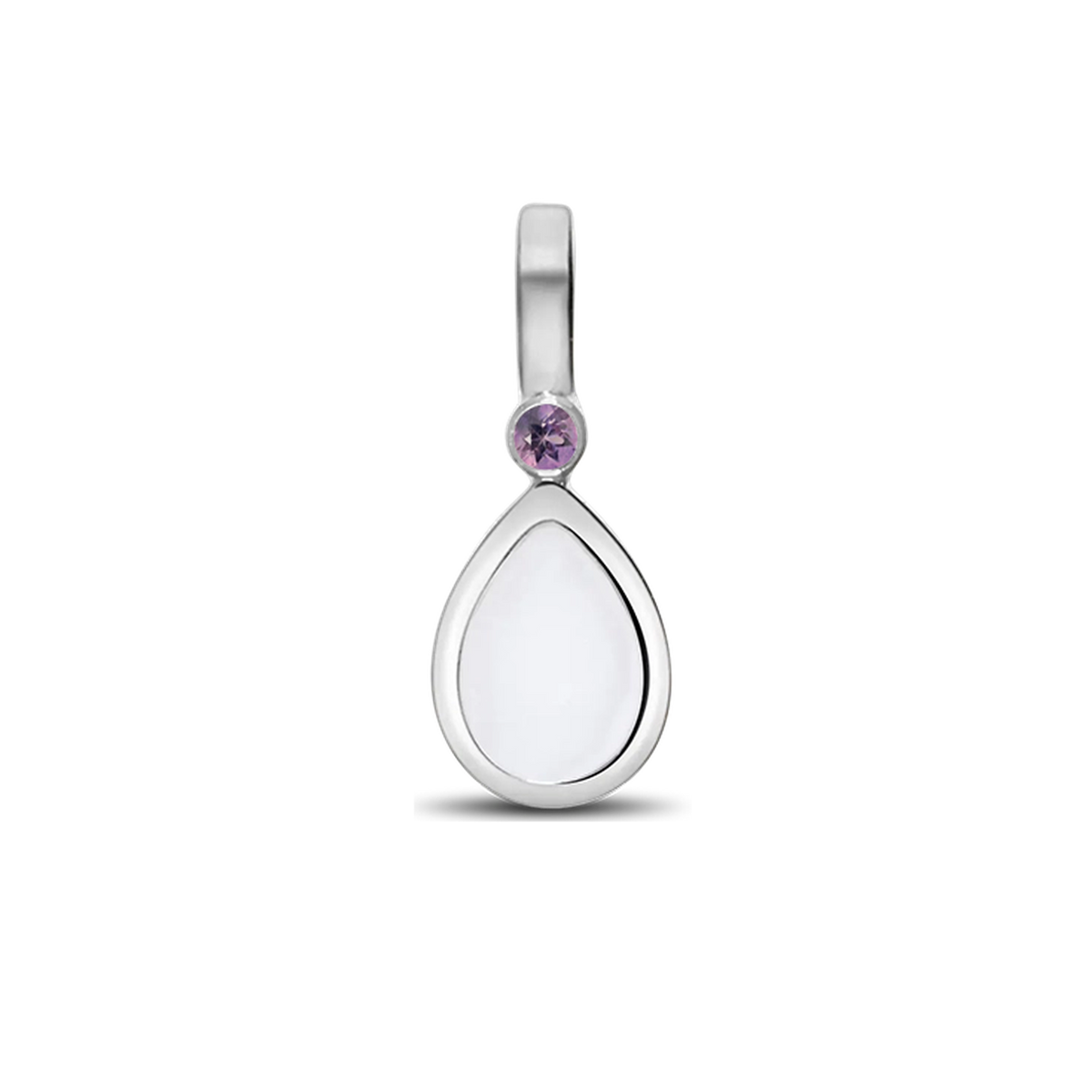 Silver Magic Drop pendant with a teardrop breast milk stone and a purple amethyst (February) above it