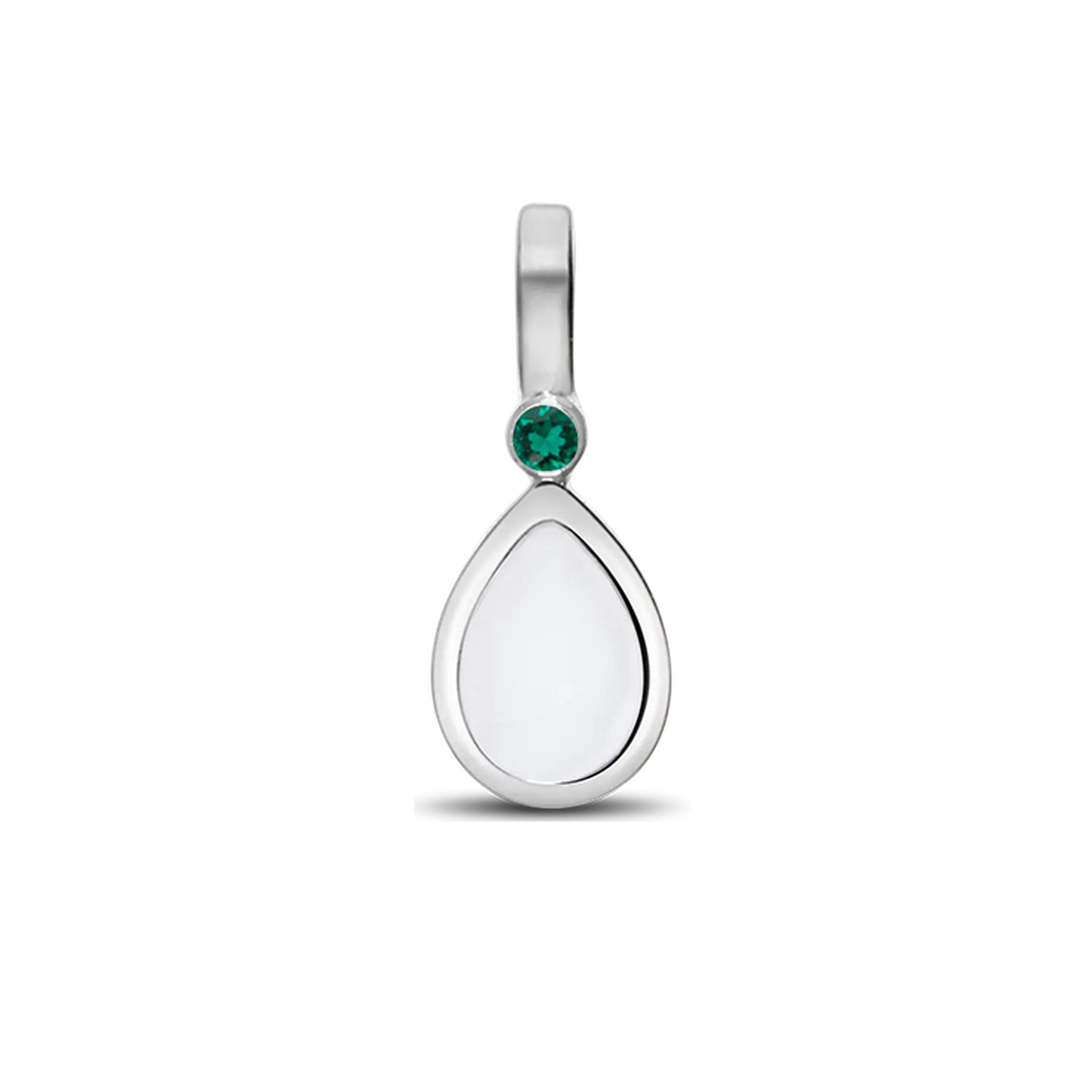 Silver Magic Drop pendant with a teardrop breast milk stone and a green emerald (May) above it
