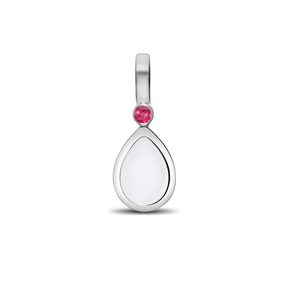 Silver Magic Drop pendant with a teardrop breast milk stone and a red ruby (July) above it