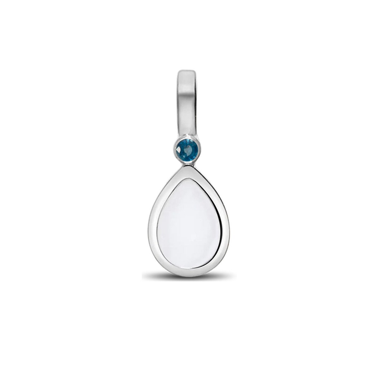 Silver Magic Drop pendant with a teardrop breast milk stone and a dark blue sapphire (September) above it