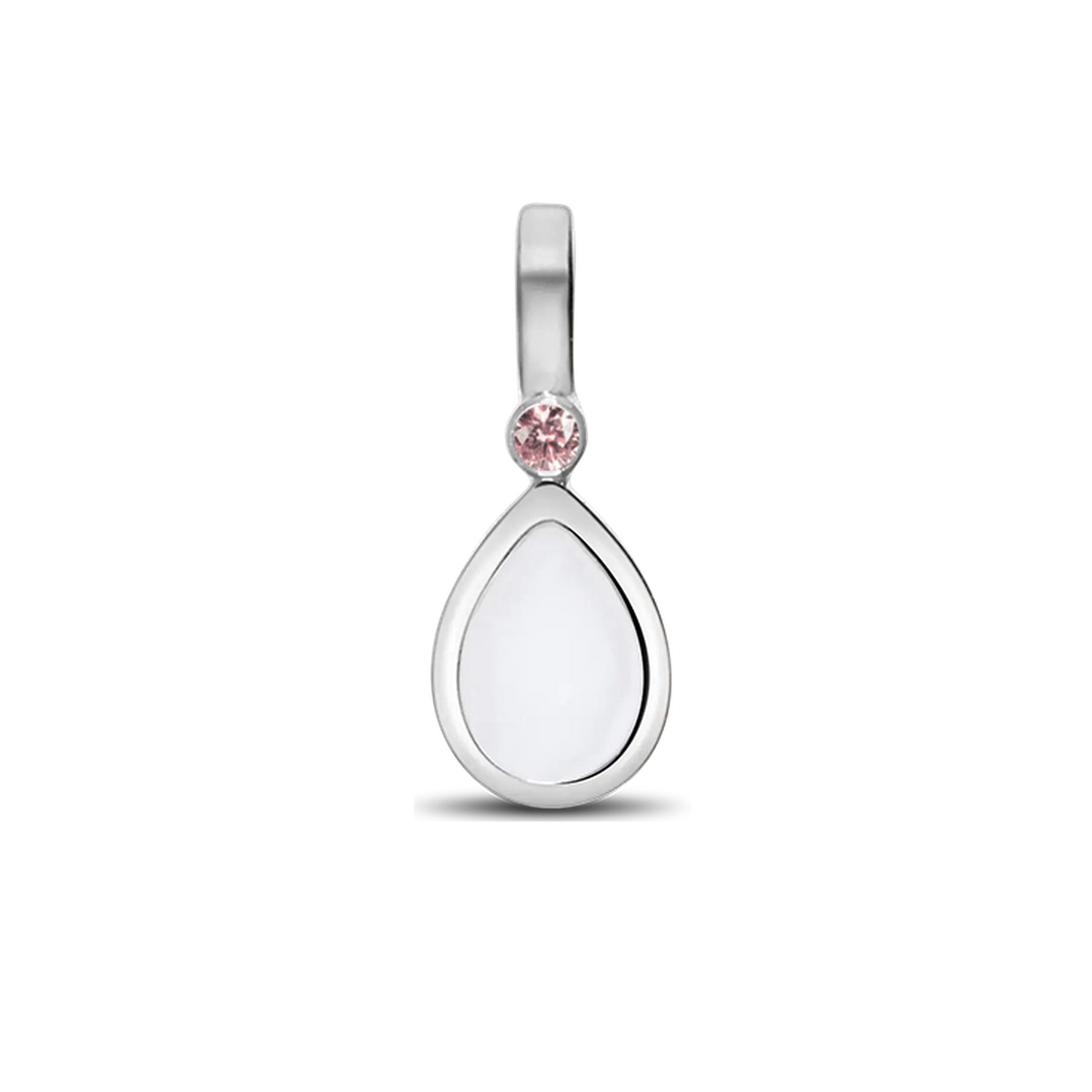 Silver Magic Drop pendant with a teardrop breast milk stone and a pale pink morganite (October) above it