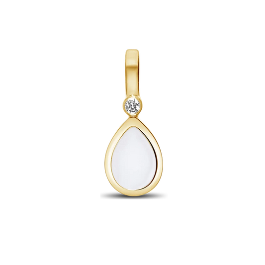 Magic Drop pendant in yellow gold with a teardrop breast milk stone and a clear cubic zirconia above it