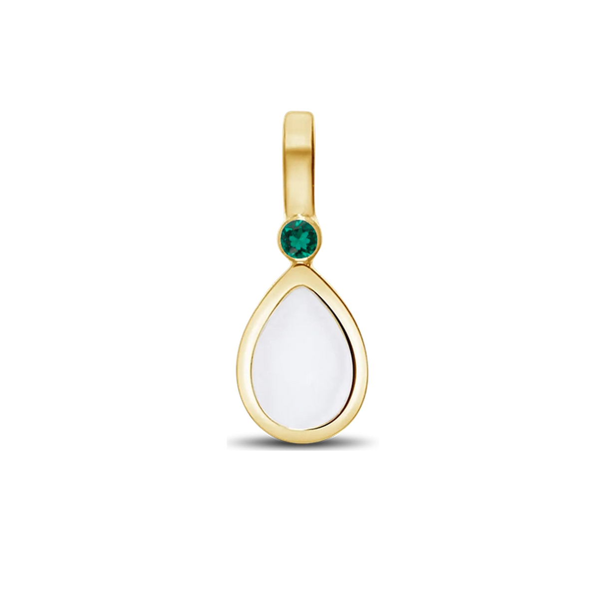 Magic Drop pendant in yellow gold with a teardrop breast milk stone and a green emerald (May) above it
