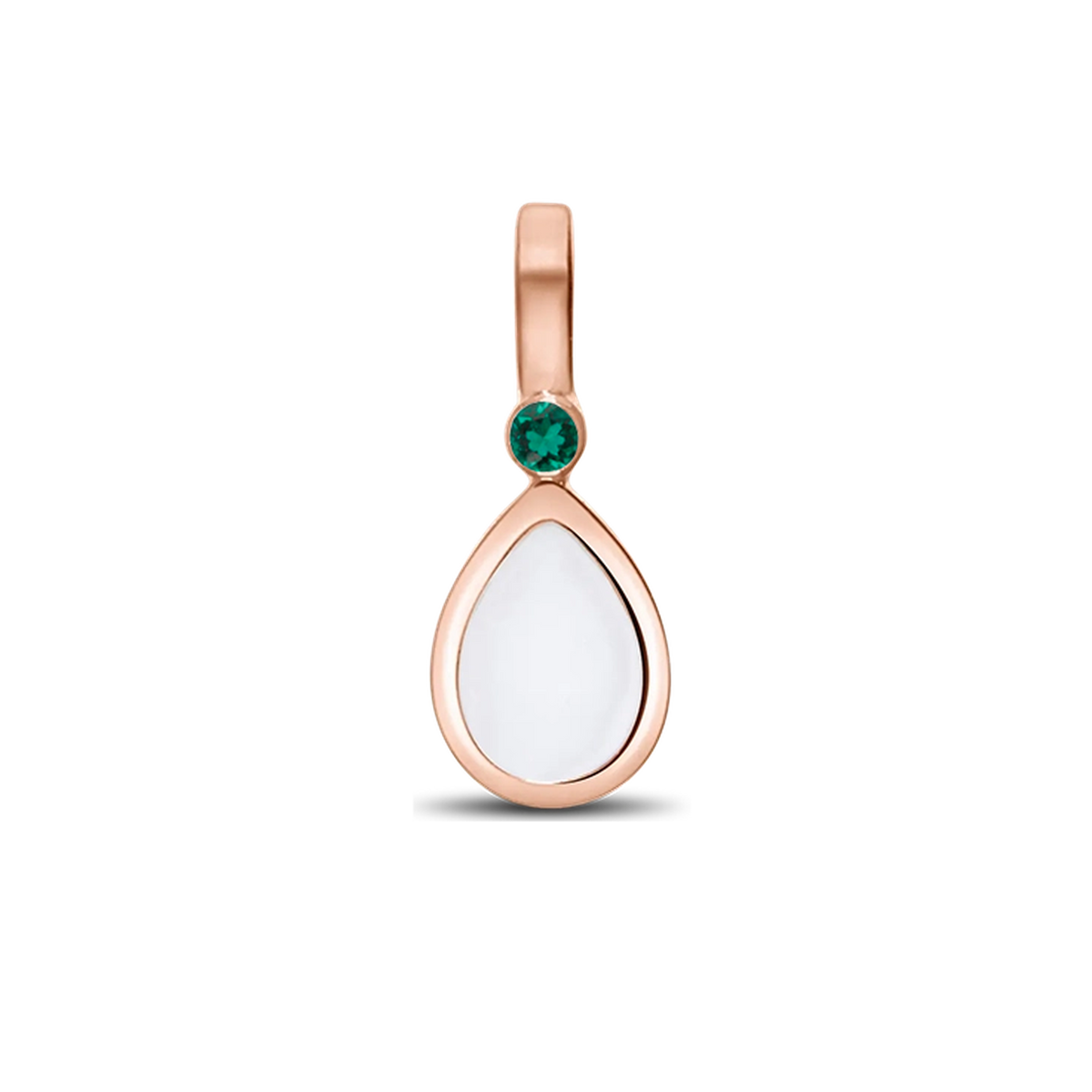 Magic Drop pendant in rose gold with a teardrop breast milk stone and a green emerald (May) above it