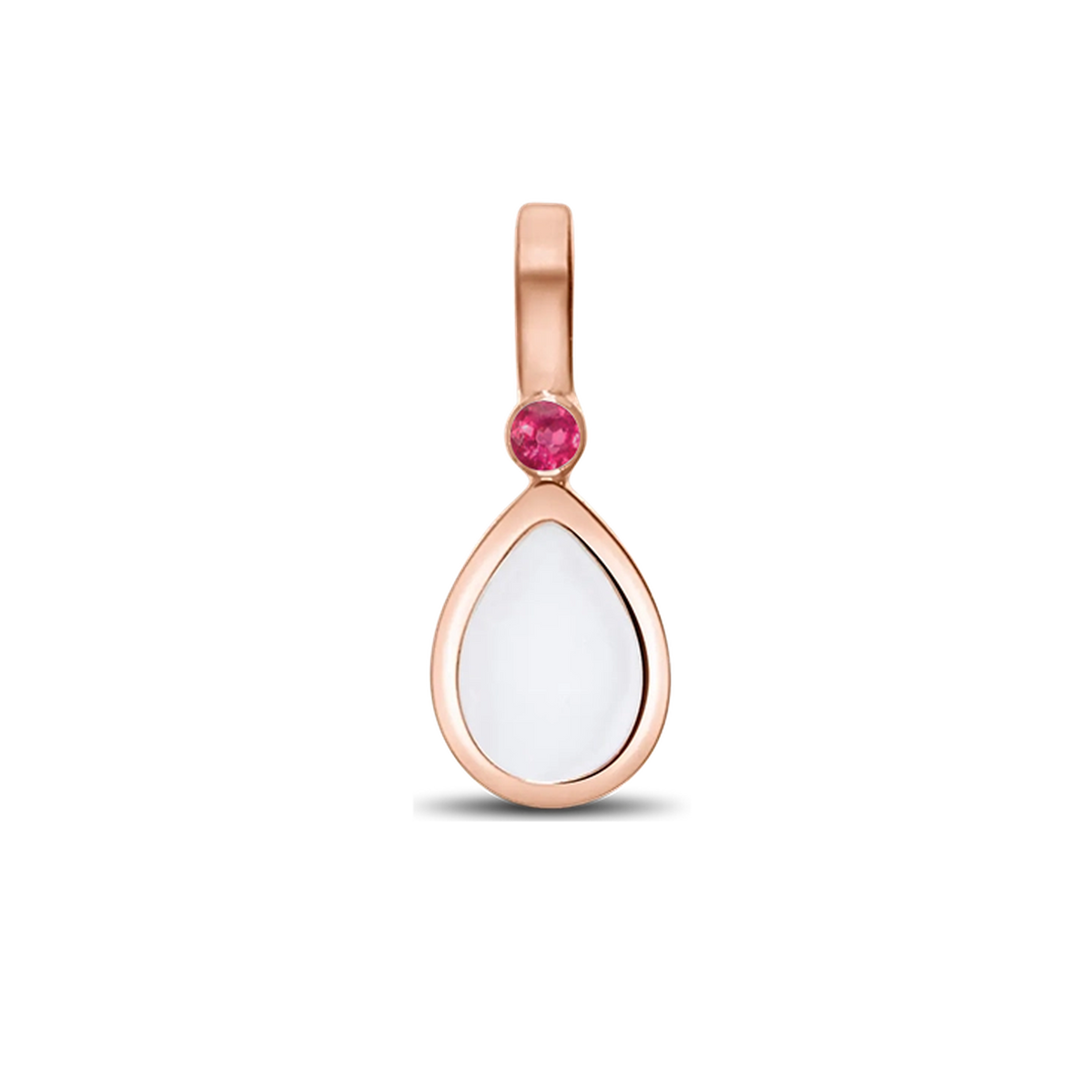 Magic Drop pendant in rose gold with a teardrop breast milk stone and a red ruby (July) above it