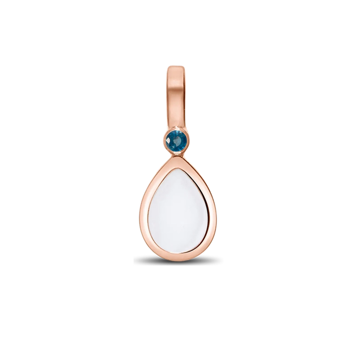 Magic Drop pendant in rose gold with a teardrop breast milk stone and a dark blue sapphire (September) above it