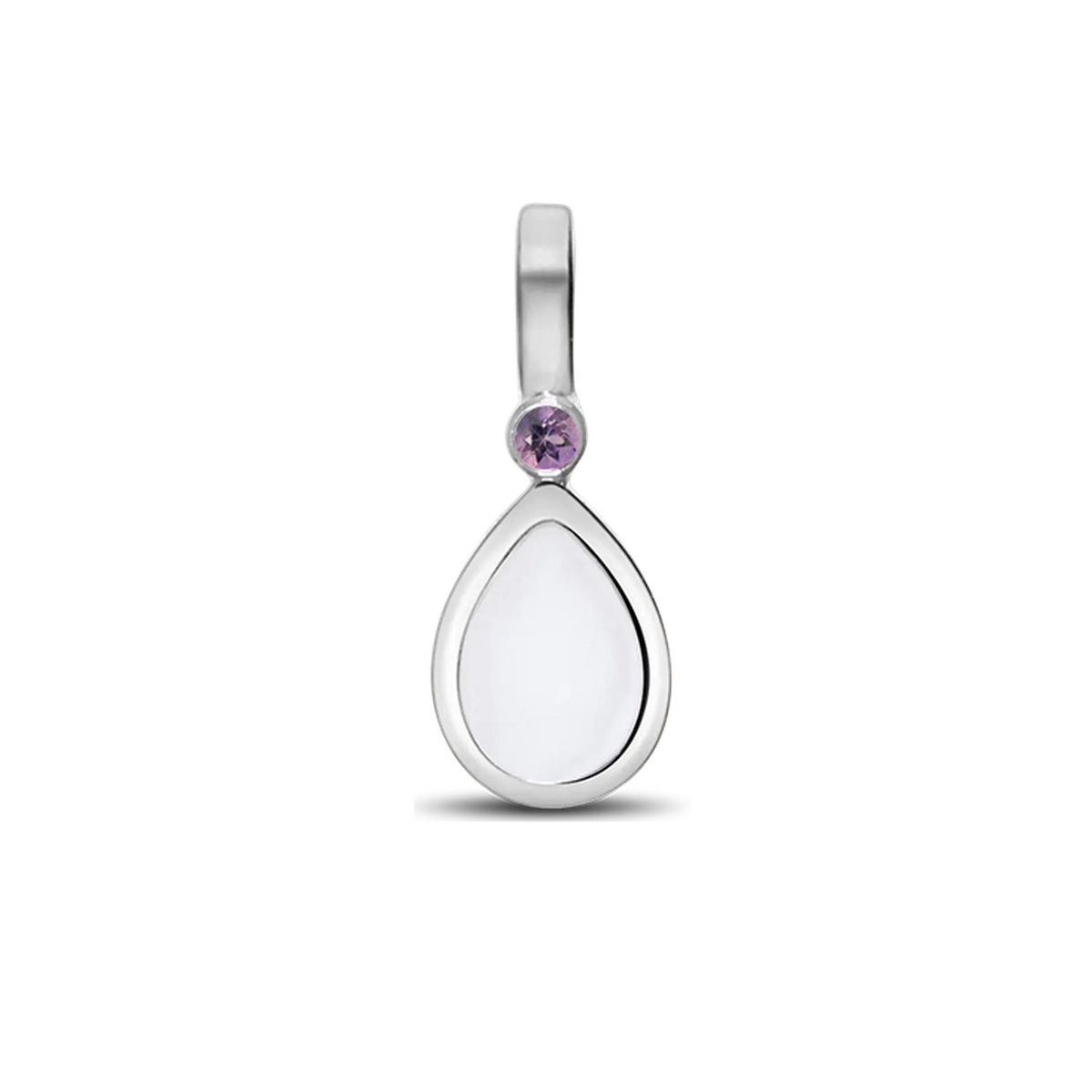 Magic Drop pendant in white gold with a teardrop breast milk stone and a purple amethyst (February) above it