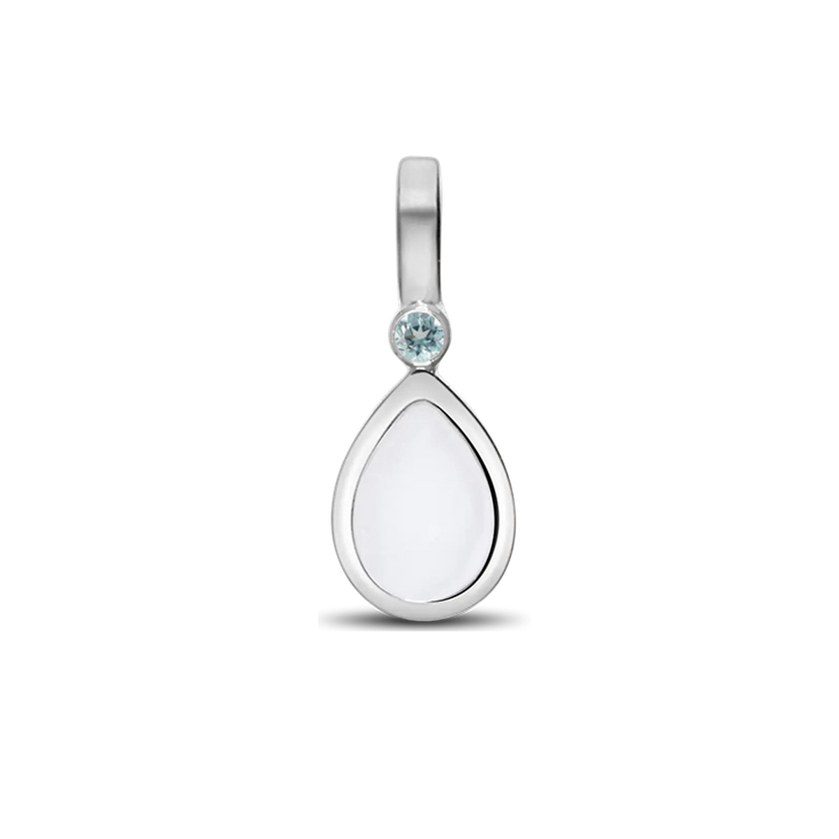 Magic Drop pendant in white gold with a teardrop breast milk stone and a light blue aquamarine (March) above it