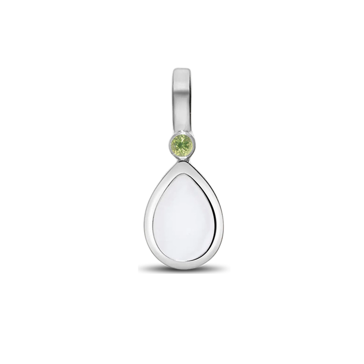 Magic Drop pendant in white gold with a teardrop breast milk stone and a light green peridot (August) above it