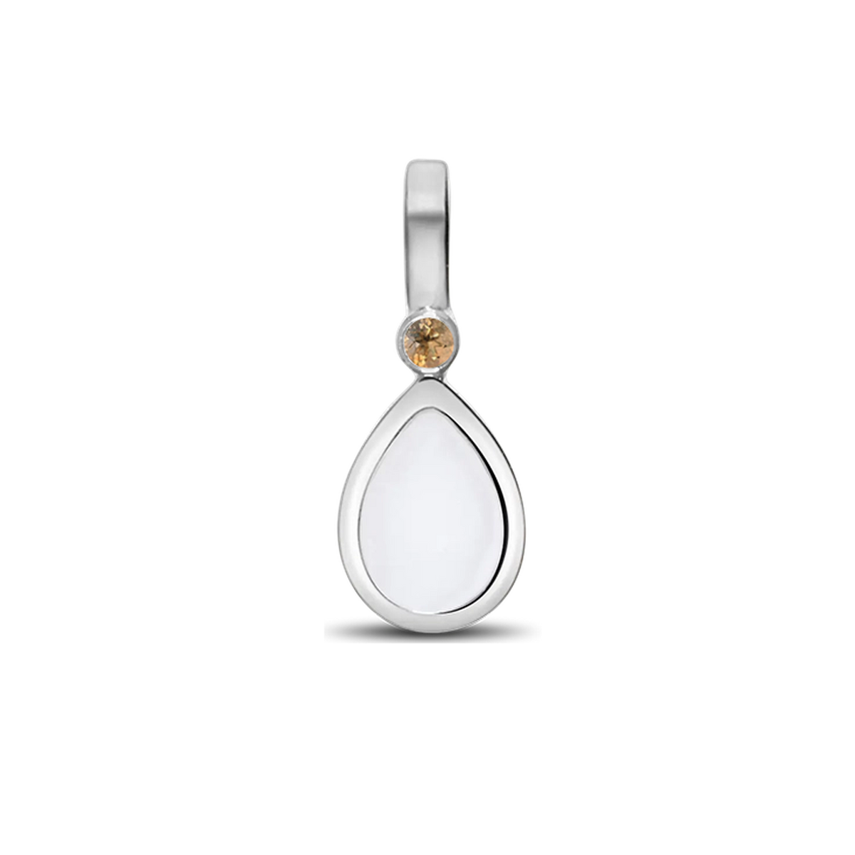 Magic Drop pendant in white gold with a teardrop breast milk stone and a golden citrine (November) above it