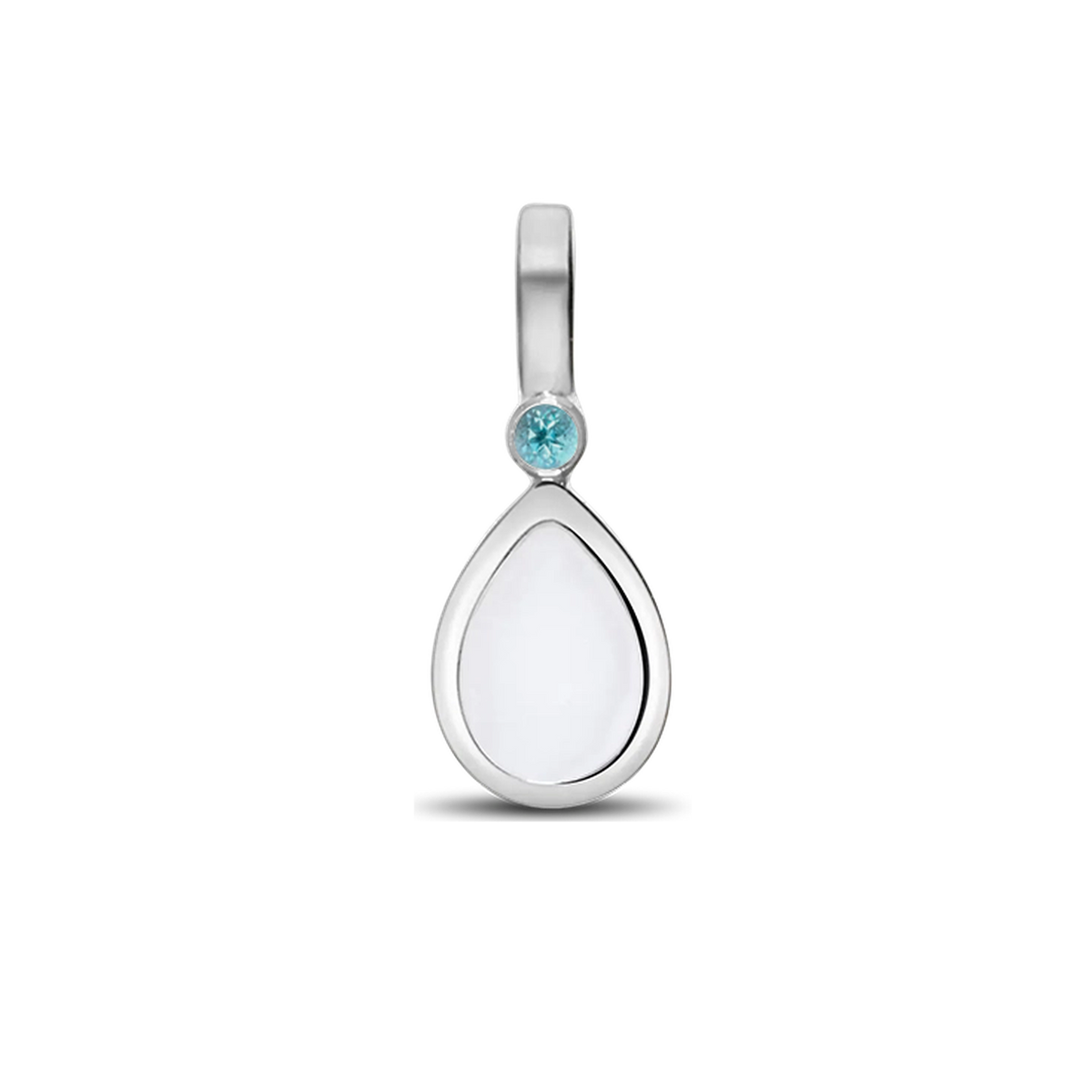 Magic Drop pendant in white gold with a teardrop breast milk stone and a bright blue topaz (December) above it