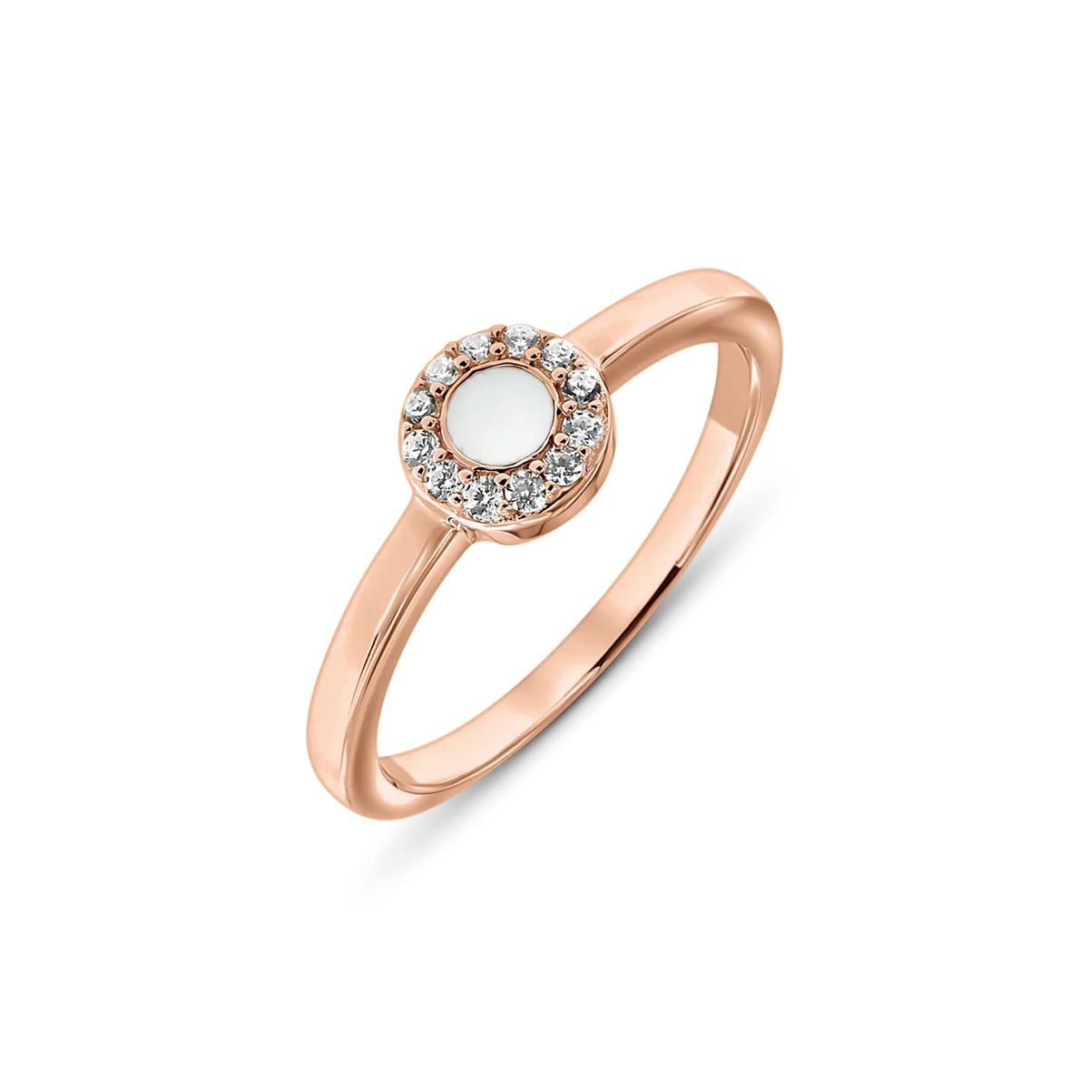 Merel breast milk ring in rose gold with a round stone in a halo of small clear stones