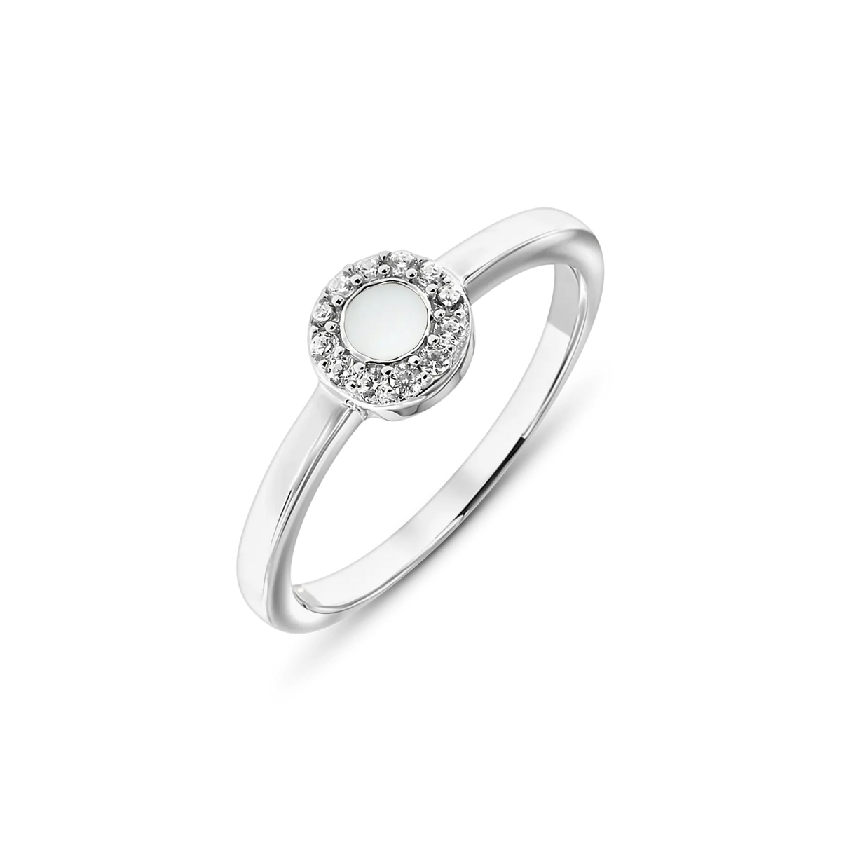 Merel breast milk ring in white gold with a round stone in a halo of small clear stones
