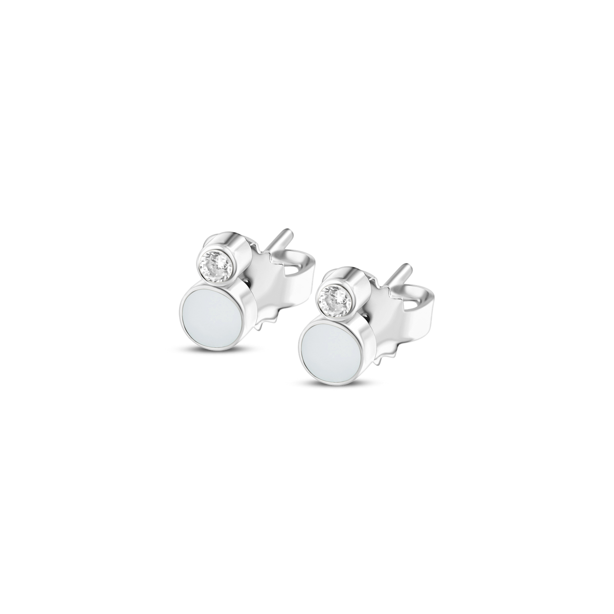 Mila silver stud earrings, each with a round breast milk stone and a tiny clear stone above