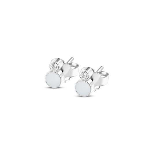 Mila silver stud earrings, each with a round breast milk stone and a tiny clear stone above