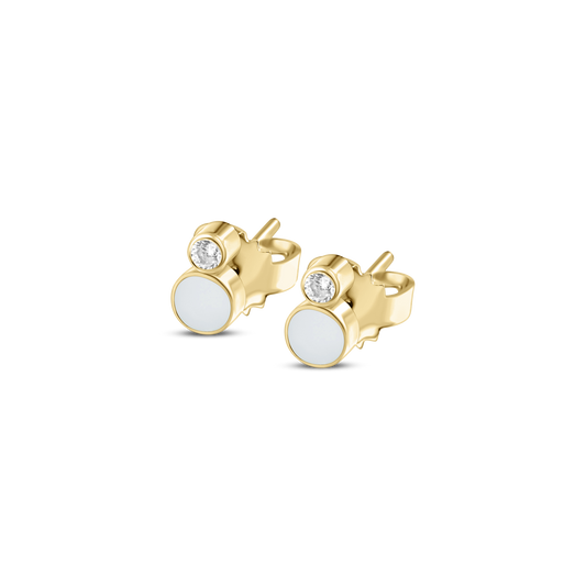 Mila yellow gold stud earrings with a round breast milk stone and a small clear stone above it