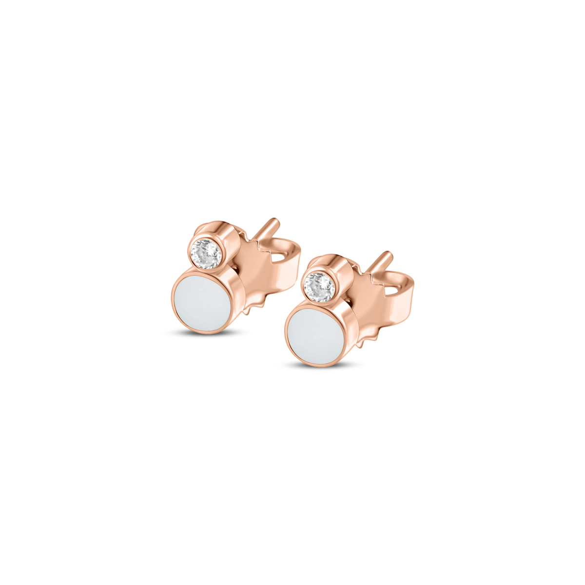 Mila rose gold stud earrings pairing a round breast milk stone with a tiny clear stone