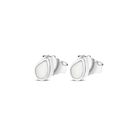 Pair of Mini Drop silver teardrop stud earrings with breast milk stones in smooth silver rims