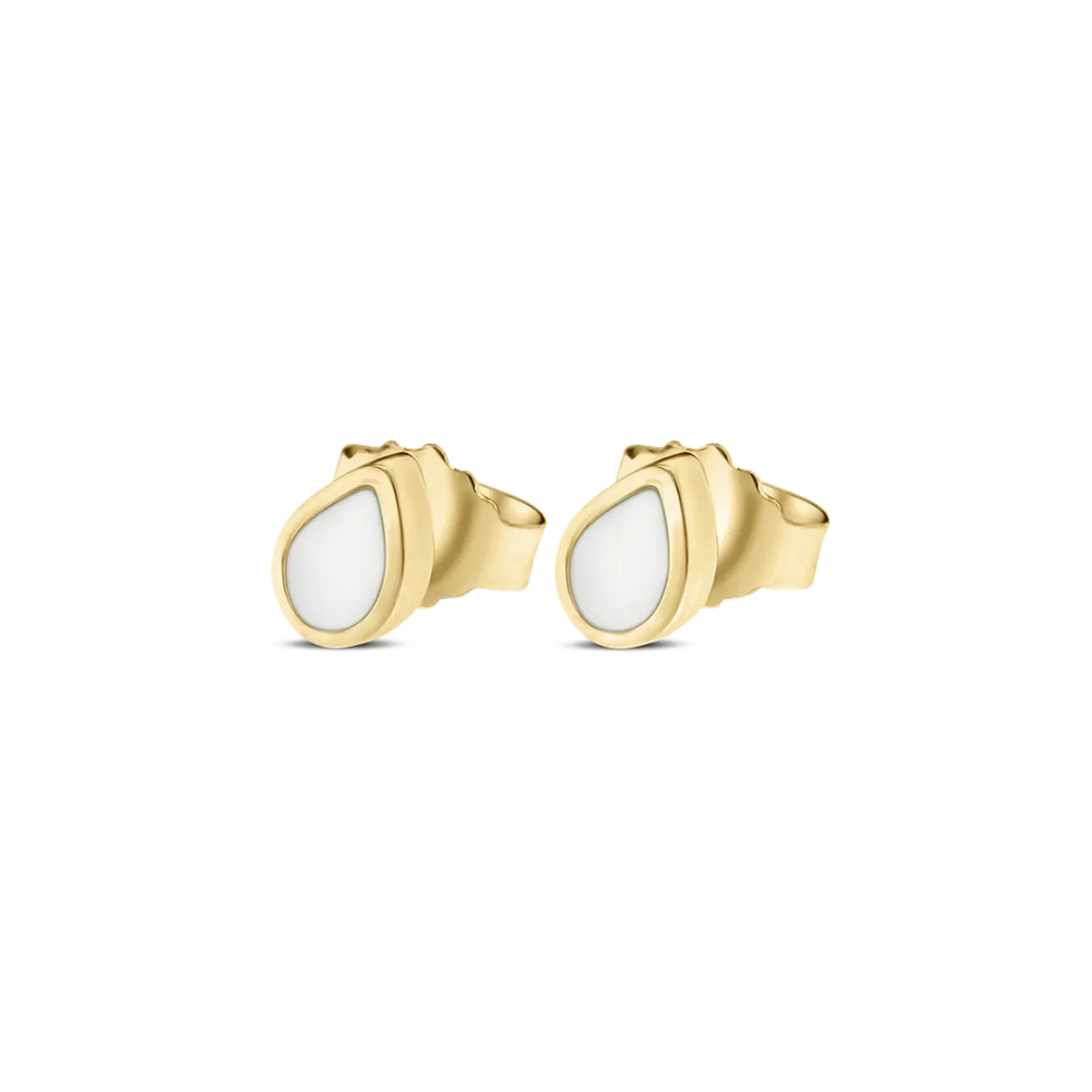 Mini Drop yellow gold teardrop stud earrings with breast milk stones, point facing up