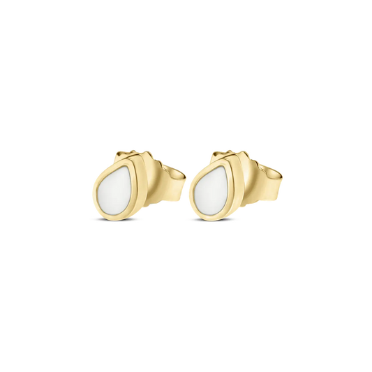 Mini Drop yellow gold teardrop stud earrings with breast milk stones, point facing up