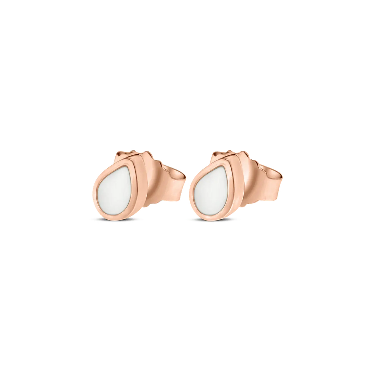 Mini Drop rose gold teardrop stud earrings holding small breast milk stones