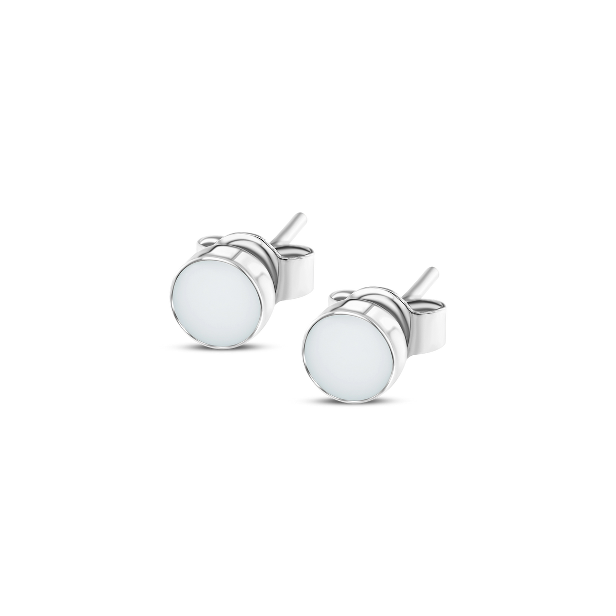 Pair of Mini Lis silver small round studs with flat breast milk stones in straight-sided settings