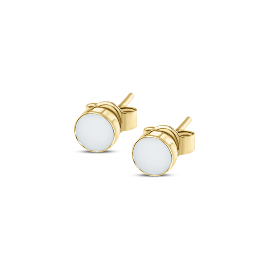 Mini Lis yellow gold small round stud earrings with breast milk stones in smooth tube settings