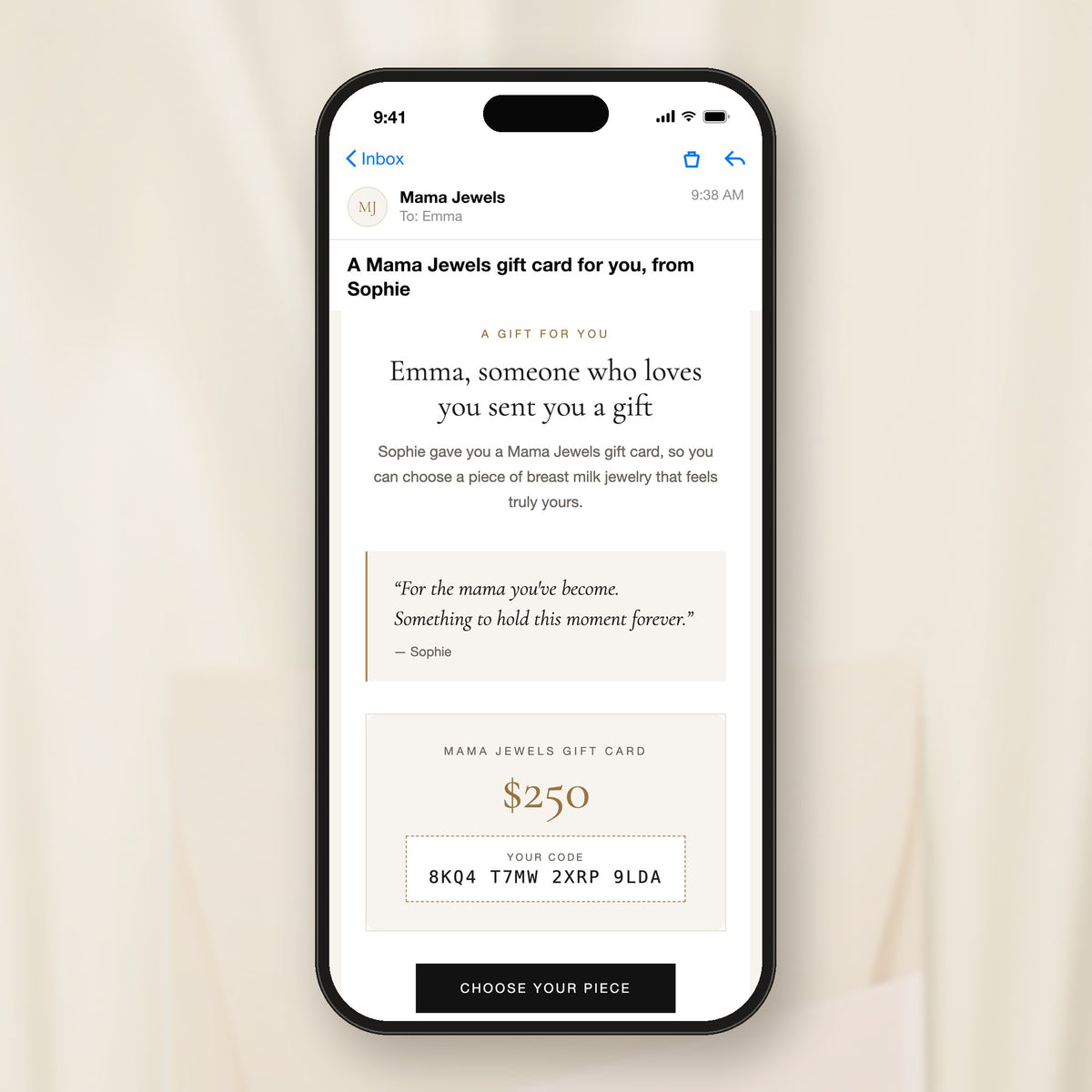 Mama Jewels digital gift card email on a phone