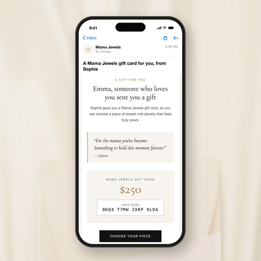 Mama Jewels digital gift card email on a phone