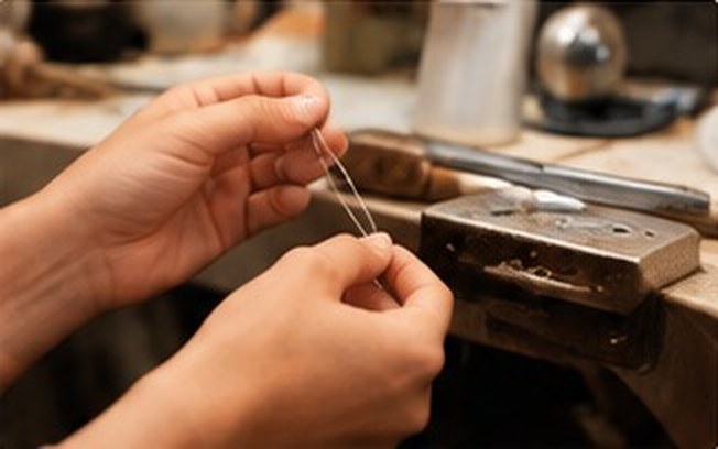 Hands finishing a necklace in the atelier