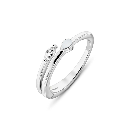 Naomi breast milk ring in silver with a teardrop milk stone and clear marquise, open band