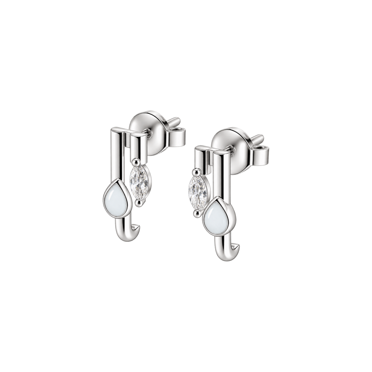 Pair of Naomi silver bar earrings, each with a teardrop breast milk stone and a clear marquise
