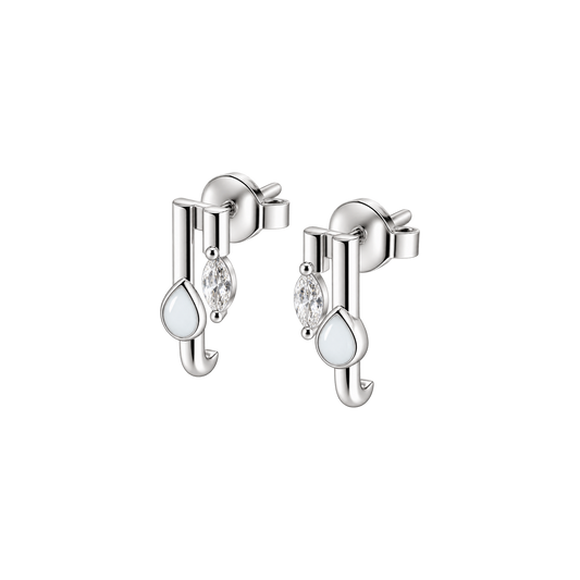 Pair of Naomi silver bar earrings, each with a teardrop breast milk stone and a clear marquise
