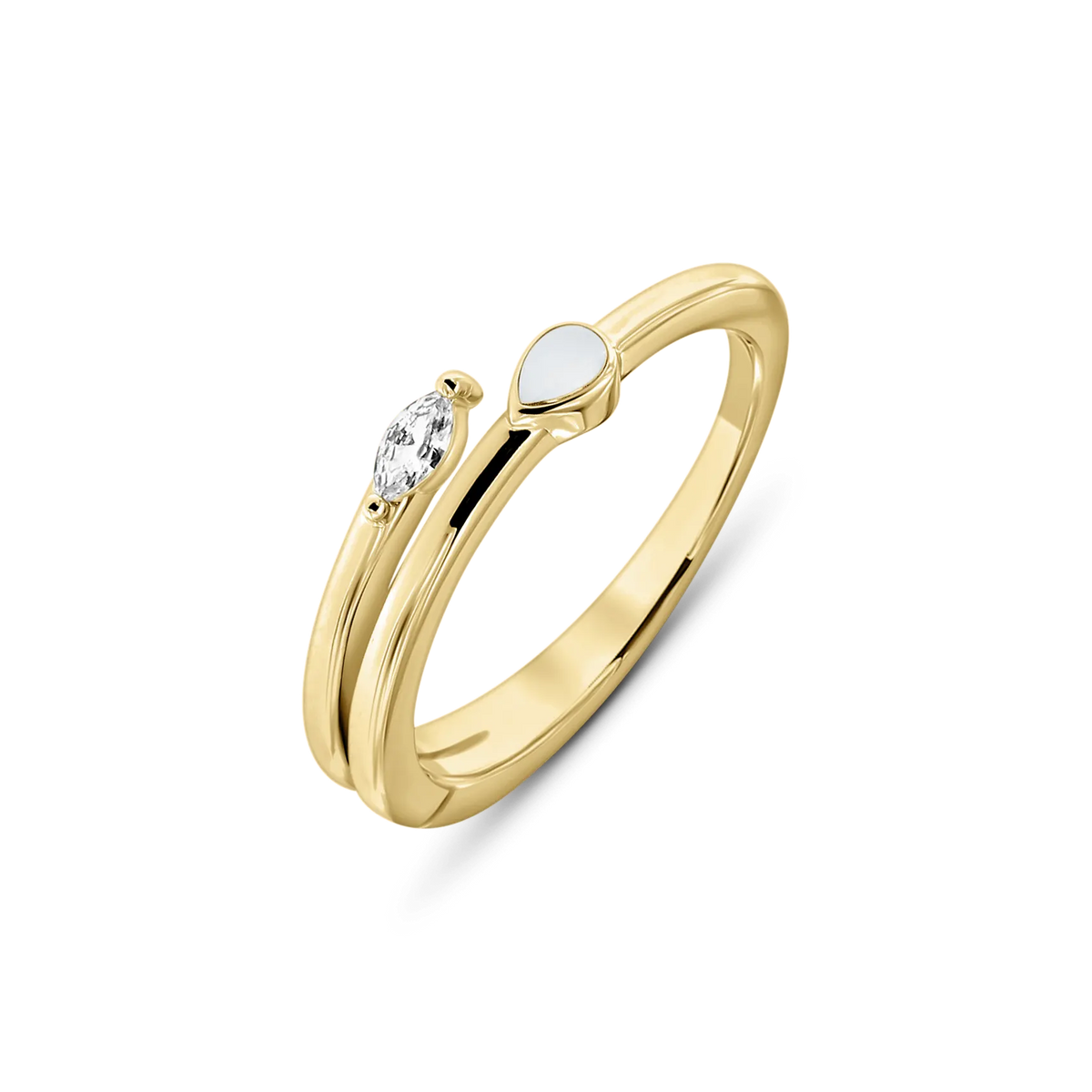 Naomi breast milk ring in yellow gold with a teardrop milk stone and clear marquise, open band