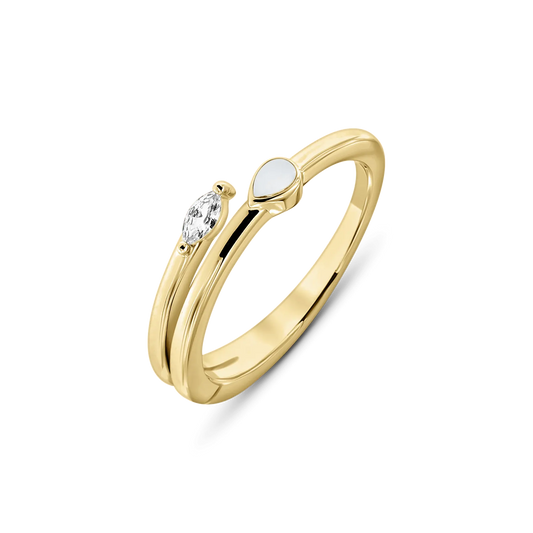 Naomi breast milk ring in yellow gold with a teardrop milk stone and clear marquise, open band